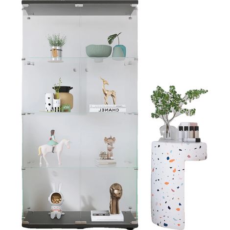 Vitrine en verre, 4 étagères, compartiment de rangement sécurisé, Noir (1/2)