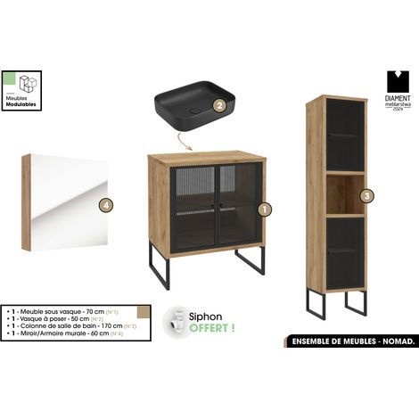 Ensemble complet de salle de bain - Meuble - Colonne - Miroir - Vasque avec Siphon OFFERT NOMAD OAK 70 x 80 x 43 cm (1/5)