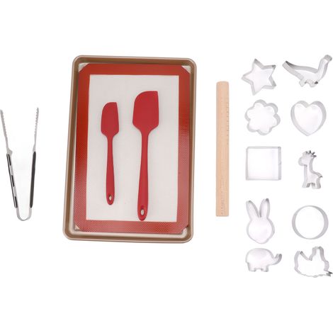 Gebäckform-Set aus Kohlenstoffstahl, bestehend aus Backblech, Backmatte, Nudelholz, Spatel und Zange. (1/5)