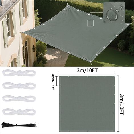 Voile d'ombrage imperméable (gris foncé, 3 x 3 m) avec œillets, idéale pour les jardins et terrasses extérieures. (1/5)