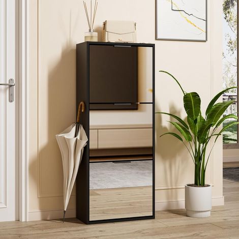 UEV Scarpiera con 3 Ante a Specchio, Armadietto Scarpe con Specchio Funzionale, Portascarpe da Ingresso, 50 x 23 x 121,5 CM, Nero