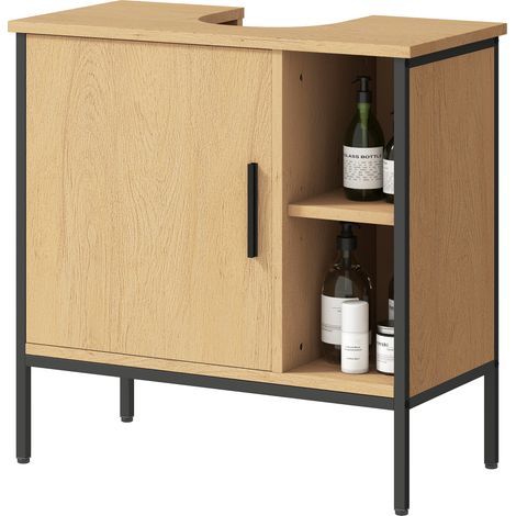 Meuble sous-évier avec porte et étagère réglable pour lavabo sur pied 60 x 30 x 59,5 cm Chêne (1/5)