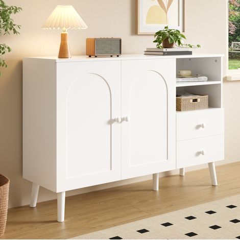 Sideboard 118x35x82 cm weiß aus MDF und Spanplatte mit gewölbten Türen, Holzgriffen und Holzfüßen