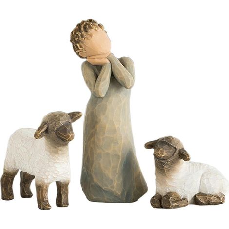 Petite Bergère en Saule, figurines de crèche sculptées à la main pour décoration de Noël, ensemble de 3 pièces, mini statues peintes