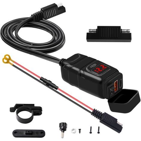 Prise USB Moto,Chargeur Type-c Chargeur Super Rapide QC3.0 avec voltmètre Interrupteur Marche/pour Dual USB Moto Téléphone/Tablette/GPS/Caméra DC12V (1/5)