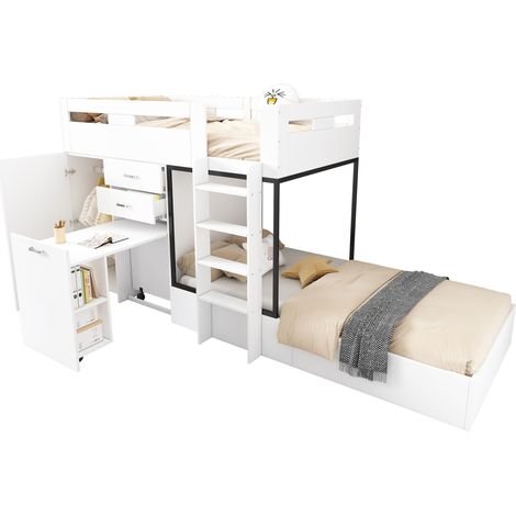 Lit superposé enfant 90x200 cm avec bureau escamotable, armoire, 2 tiroirs et rangements intégrés, sans matelas, blanc et noir CHICFURN (1/5)