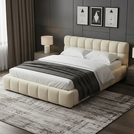 Lit Bubble 140 x 190 cm - lit adulte avec tête de lit capitonnée - sommier à lattes en bois - Lin - Beige (1/5)