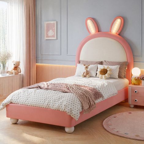 Cama infantil 90x200 cm en PU rosa y blanco, LED, fácil de montar (1/5)
