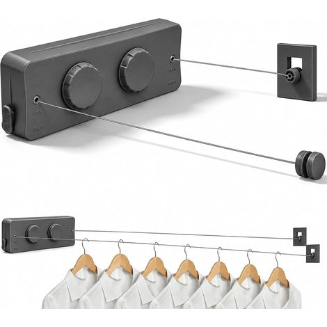 Corde à Linge Rétractable pour Intérieur et Extérieur, Double Ligne 2x5,2m Mural Séchoir à Linge, Acier Inoxydable 20kg Charge Montage sans Perçage Corde Linges pour Hôtels Particuliers (1/5)