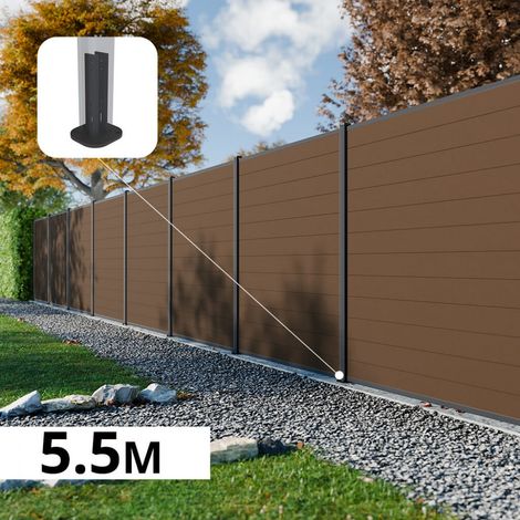 Kit Clôture Composite RIO Bronze 5,5x1,8m - Bois composite & Aluminium - Poteaux sur Platines Gris - Brise vue