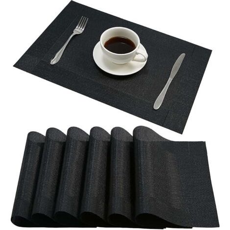 Set mit 6 schwarzen Tischsets aus Vinyl, hitzebeständig, leicht zu reinigen, waschbar, für den Außenbereich, für Küche, Terrasse, Esstisch