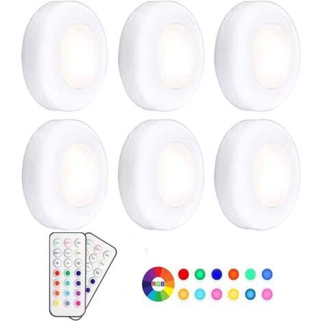 Luz nocturna LED para armario, RGB, 13 colores, atenuación inalámbrica con control remoto, funciona con pilas, paquete de 6 unidades [Clase energética A+]