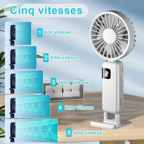 Petit ventilateur portable - Rechargeable par USB-C - Batterie 1200 mAh - 5 vitesses - Boucle blanche (1/4)