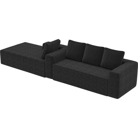 Canapé modulable d’angle en velours côtelé noir avec chaise longue, design moderne pour salon et chambre (1/5)