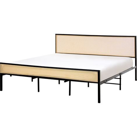 Cama moderna de hierro con somier de láminas ratán sintético trenza vienesa cabecero negro 180 x 200 cm Avanton