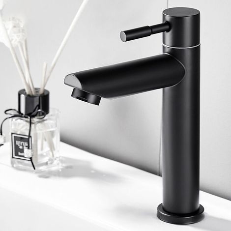 Robinet Mat Bassin en Acier Inoxydable Noir Robinet d'eau Froide Unique Robinet pour la Maison Cuisine Salle Utilisation, G1 / 2in Filetage male (simple froid) (1/4)