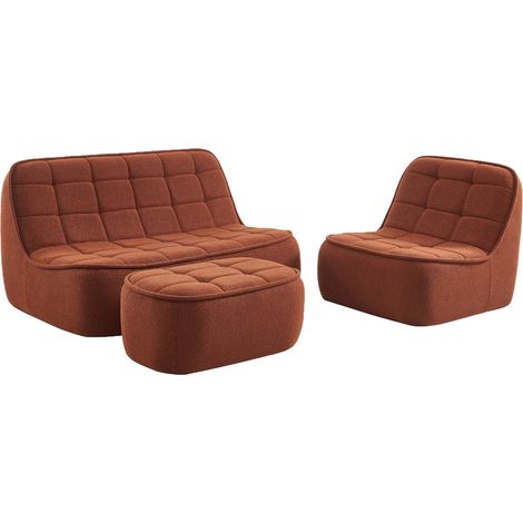 sweeek - 3-Sitzer Sitzgruppe mit Sofa, Sessel und Hocker, strukturierter Bouclé-Bezug, Strukturiertes  Bouclé, Terrakotta