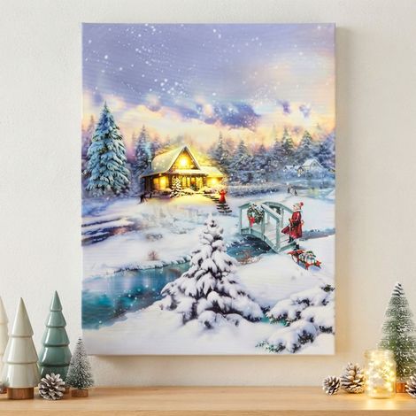 LED Weihnachtsbild auf Leinwand batteriebetrieben - 40 x 30 cm - Winterdorf Wandbild "Winterhütte mit Brücke" warm weiß beleuchtet