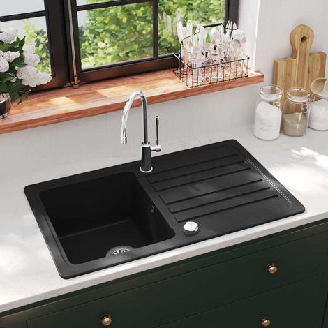 vidaXL Évier de cuisine en granite avec égouttoir réversible Noir (1/5)