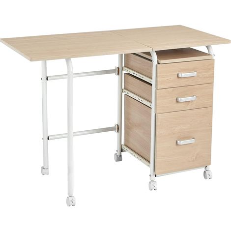COSTWAY Escritorio Plegable para Ordenador Escritorio con 3 Cajones Removibles y Ruedas Bloqueables Mesa de Madera Moderna y Salva Espacio para Dormitorio y Oficina (Natural) (1/5)