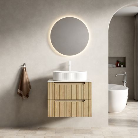 Meuble lave-mains suspendu 60 cm en céramique et pierre frittée, blanc et décor chêne blanc, 2 tiroirs soft-close (1/5)