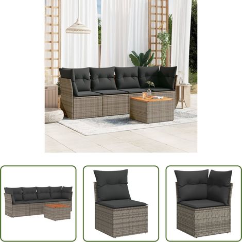 vidaXL Rattanmöbel - 5-tlg. Garten-Sofagarnitur mit Kissen Grau Poly Rattan (1/5)