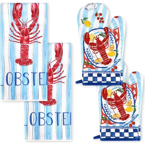 Lot de 4 Homard D'été Gants et maniques en Coton Résistant à Chaleur, Bleu Torchon Cuisine en Polyester Absorbant pour la Cuisson du Barbecue Décoration (1/5)