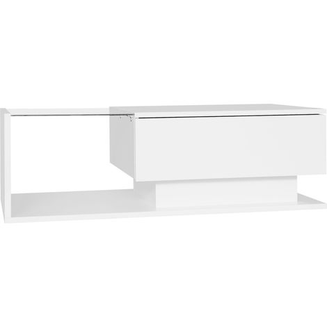 Table basse blanche laquée 100x50x32 cm avec plateau en verre, 1 tiroir et éclairage LED intégré (1/5)
