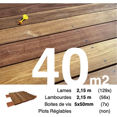 Kit terrasse bois exotique CUMARU pour 40 m² • Lames 2,15 m, lambourdes 2,15 m et visserie Inox • Livraison gratuite