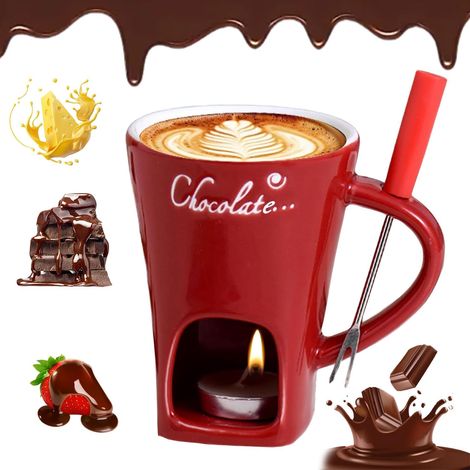 Tasse à Fondue au Chocolat, 200 ML Services à Fondue au Chocolat, Tasse à Fondue au Chocolat en Céramique, Tasse à Fondue avec Fourchette et Bougie À Thé, Tasse à Fondue pour Bonbons et Chocolat (A) (1/5)