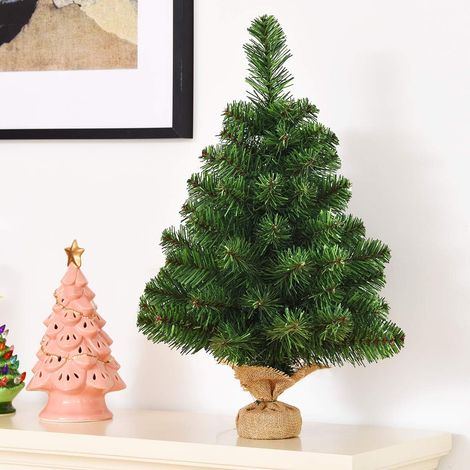 COSTWAY Mini Sapin de Noël Artificiel, Arbre Artificiel de Table Hauteur 60 CM en PVC avec 67 Branches, Arbre de Noël avec Base Stable de Ciment en Toile de Jute, Vert (60 CM) (1/5)
