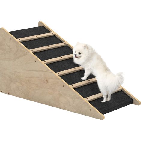 Haustiertreppe, Hundetreppe, Kiefernholz, Anti-Rutsch-Beschichtung, 90 cm x 40 cm x 45 cm, Natur + Grau