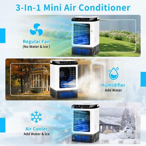 Tragbare Klimaanlage 2026 – Mini-Luftkühler und Luftbefeuchter mit 4 Geschwindigkeitsstufen, Eiswürfelbehälter, 900-ml-Tank, 2 Nebelmodi, LED – Mobiler Ventilator für Büro und Camping (Weiß) (1/4)
