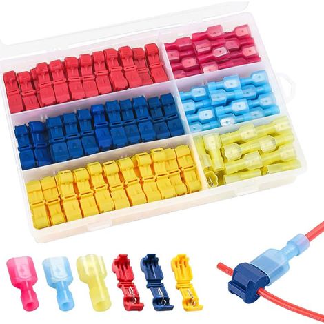 120 Stück, Verbinder, elektrischer Verbinder, T-Abzweigverbinder + Flachstecker-Schnellverbinder, zum schnellen Verbinden von Kabeln (Rot, Gelb, Blau) (1/5)