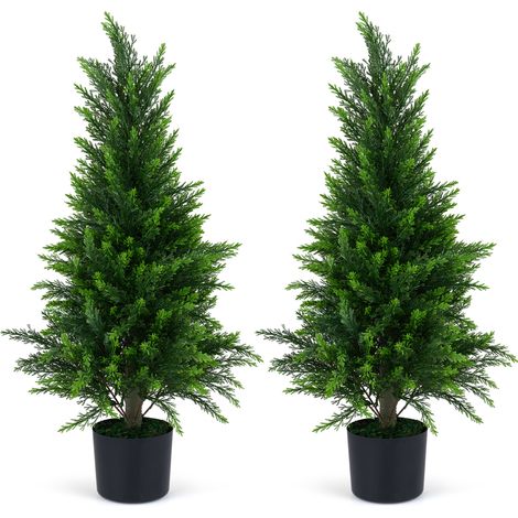 Lot de 2 Arbres Artificiels 90CM, Faux Cèdre Topiaire, Pots Lestés en Ciment Aiguilles de Pin Réalistes Herbe Synthétique, Fausse Plante Décoration (1/5)