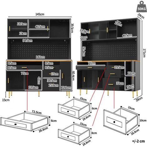 Meuble haut de rangement pour salon (145x39x171cm), armoire de cuisine et salle à manger, colonne avec éclairage LED, placard mural avec étagères perforées, noir (1/5)