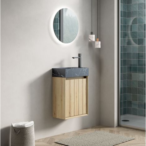 Mueble de lavabo suspendido 40x22x58 cm en mármol negro con almacenaje, para baño pequeño (1/5)