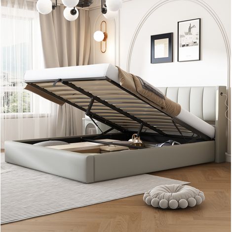 Lit 140x190 rangement sous lit, PU gris HAVRYA (1/5)