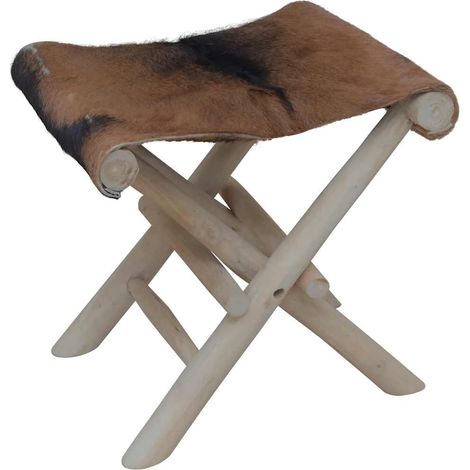 Tabouret pliable cuir de chèvre et bois de teck massif (1/5)