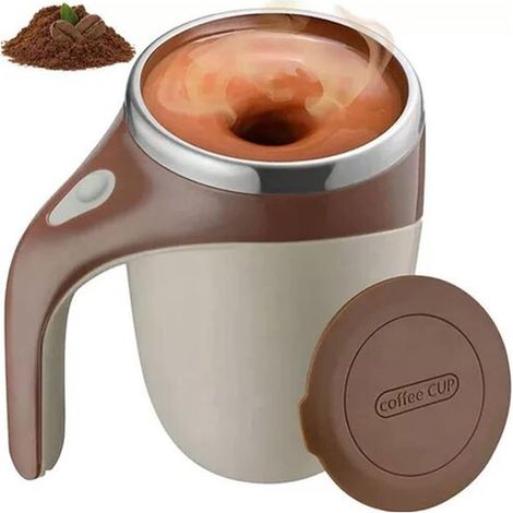 Automatischer magnetischer Edelstahl-Kaffeebecher (380 ml) mit integriertem Rührstab, ideal für Kaffee, Milch und Kakao, in elegantem Braun (1/5)