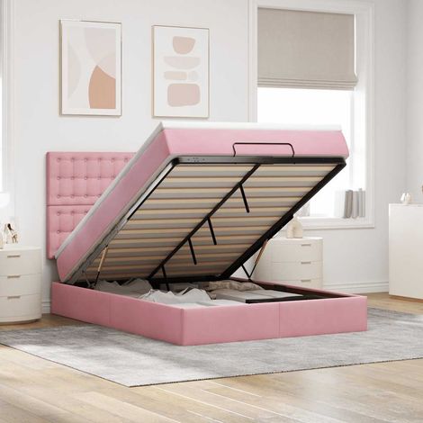 Estructura cama otomana colchones terciopelo rosa 140x200cm (1/5)