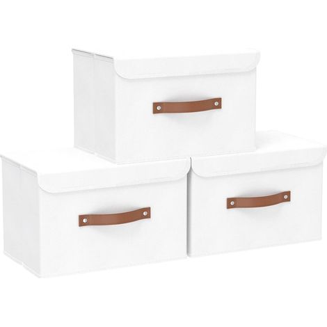 Lot de 3 Boîte de rangement, Pliable avec Couvercle, Tissu coton lin, Poignée cuir, Pour chambre salon bureau (1/5)