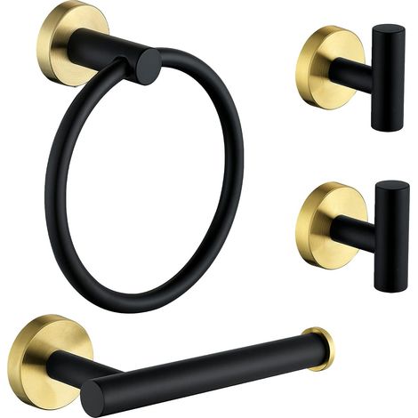 Ensemble de quincaillerie de Salle de Bain 4 pièces en Acier Inoxydable Noir Mat et Or brossé Comprenant Un Anneau Porte-Serviette, Un Porte-Papier Toilette, 2 Crochets pour Peignoir, Un kit (1/5)