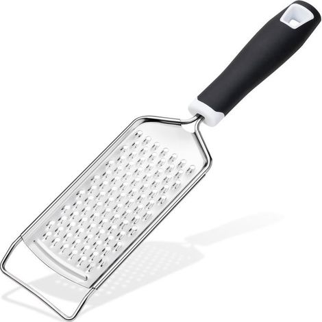 Râpe de cuisine professionnelle, râpe à main en acier inoxydable, râpe à citron en métal, noire avec poignée.