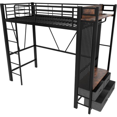 Lit mezzanine, 90 x 200 cm, cadre en fer, avec barre de séchage, avec étagères, 4 tiroirs, avec prise USB+TYPE-C, bande LED, garde-corps, échelle, avec panneau perforé, sans matelas, noir (1/5)