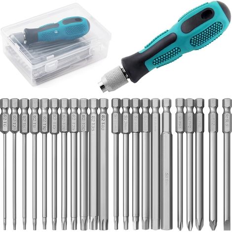 Long Screwdriver Bit 22 Pieces, Magnetic Screwdriver Bits with Bit Holder, Torx T6-T40, Hexagonal H2.5-H8, Phillips PH1 PH2, PZ2, Flat 5 mm, 1/4 Inch Hex Rod, Steel S2 100 mm Long (1/5)