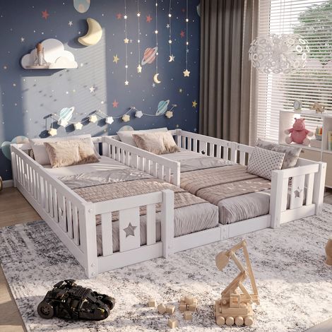 Montessori Lit de sol pour enfant 90x200 cm,lit double avec Barrière de Sécurité et Sommier à Lattes,Montessori Lit pour enfant en Bois Massif Pin,pour familles avec deux enfants,garçons et filles,Bla