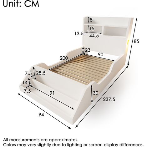 Lit simple bois 90×200 cm blanc,lit de camp jeunesse,étagères,veilleuse,bibliothèque amovible,cadre à lattes sans matelas (1/5)