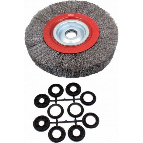 Brosse circulaire en fil d'acier 200 mm – Diamètre alésage 32 mm – 10 anneaux adaptateurs – Ébavurage et nettoyage surfaces