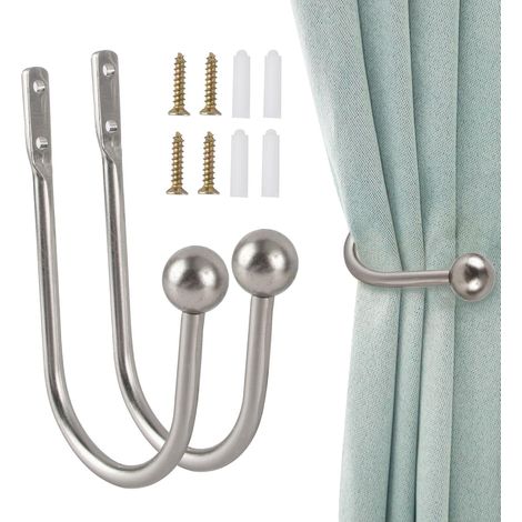 Argent, ensemble de 2 pièces de cravate de rideau en forme de U crochet de rideau cravate de rideau en métal support de cravate de rideau cravate de rideau, accessoires de vis gratuits (1/5)